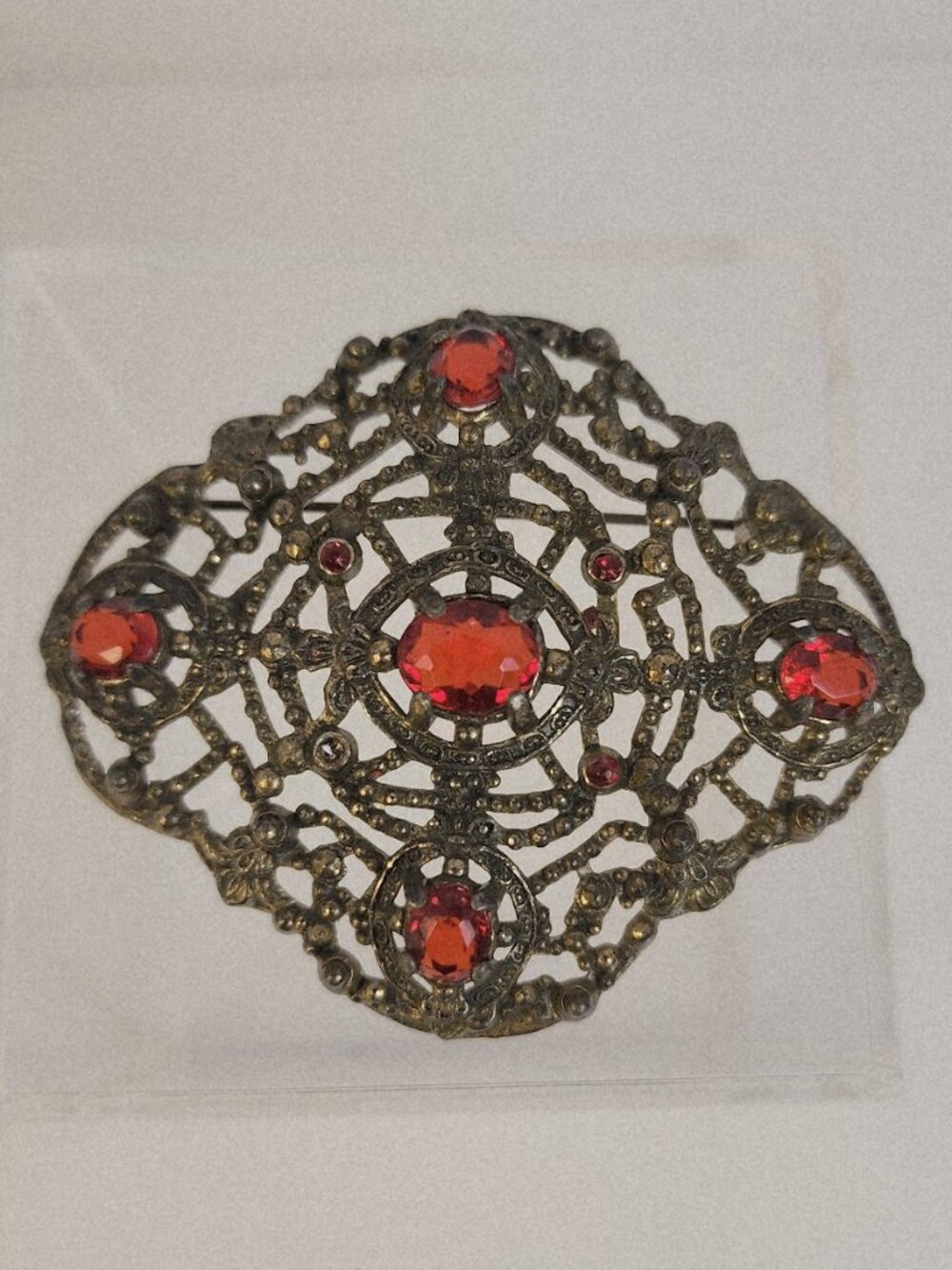 Large Vintage Bohemian Art Deco Era Brooch Pin With Red Lucite Settings